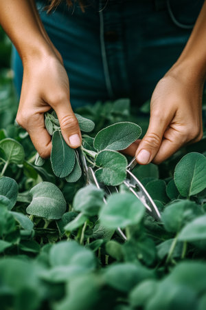 Woman s Hands Harvesting Fresh, Green Herbs in a Lush Garden, Close-Up View of the Processの素材