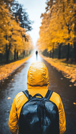 Lonely Traveler Exploring Autumn Road, Yellow Leaves, Rainy Day., Wanderlust and Adventure Conceptの素材