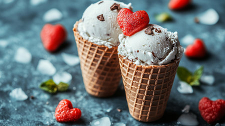 Romantic Dessert Chocolate Chip Ice Cream Cones Garnished with Chocolate and Heart-Shaped Treatsの素材