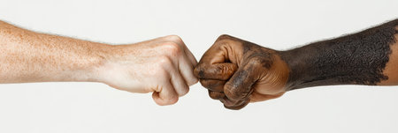 Collaboration And Unity. Two Diverse Hands Fisted Bump Gesture On White Background To Show Equalityの素材