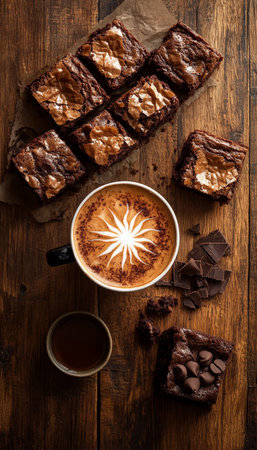 Freshly Baked Brownies and Artful Latte on Rustic Wooden Table, Cozy Coffee Break Treatの素材