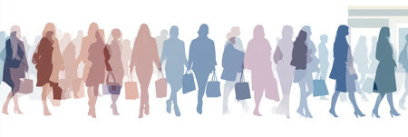 Trendy fashion illustrations featuring dynamic silhouettes of models in soft pastel shadesの素材