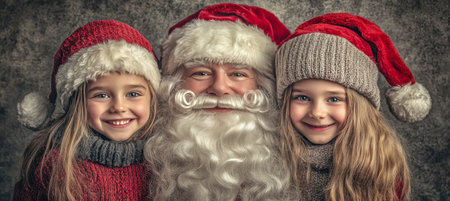 Two Smiling Little Girls with Santa Claus Embracing the Holiday Spirit and Festive Cheerの素材