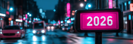 Futuristic Cityscape At Night, Neon Sign Displaying The Year 2026, Blurred Lights, And Trafficの素材