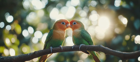 Two Lovebirds Perched on a Branch, Sharing a Tender Kiss in the Soft, Golden Sunlightの素材