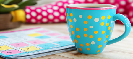 Vibrant Blue Polka Dot Mug Beside a Planner on a Wooden Desk Productivity and Planning Conceptの素材