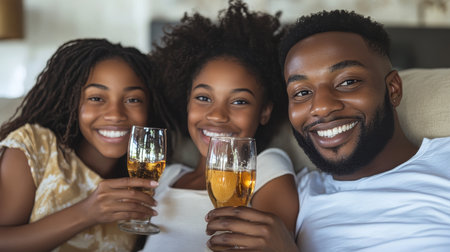 Happy Family of Three, Two Teenagers and Dad, Enjoying Drinks Together, Celebrating at Homeの素材