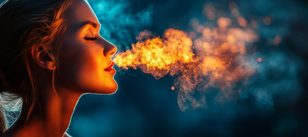 Fiery Breath. Conceptual Portrait Of A Woman Exhaling Fire. Beauty, Power, And Dangerの素材