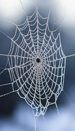 Intricate Spiderweb Glistening with Morning Dew, Detailed Macro Shot, Nature Stock Photoの素材