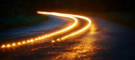 Abstract Golden Light Trails on a Dark Road, Abstract Long Exposure Background for Print Advertisingの素材