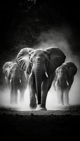 Herd of Elephants Walking in Dust, Wildlife Photography, Dramatic Monochromatic Imageの素材