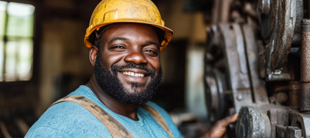 Confident Construction Worker Smiling in Hard Hat, Industrial Factory Setting, Portraitの素材
