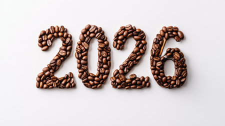 New Year 2026. Number 2026 Written with Coffee Beans on White Background, New Year Conceptの素材