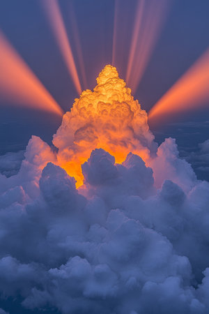 Embraced by Heavens Light Majestic Cumulonimbus Cloud Illuminated by Dramatic Sunbeams at Sunset.の素材
