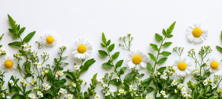 Floral Background., Beautiful White Chamomile Daisy Flowers, Leaves On White, Nature. With Space.の素材
