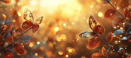 Magical Autumn Nature. Golden Light, Delicate Butterflies, with Sparkling, Shimmering Bokehの素材