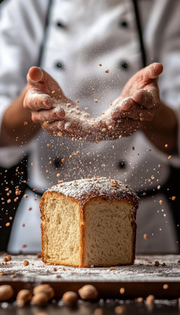 Baker s Hands Dust a Freshly Baked Loaf of Bread with a Cloud of Flour, Rustic Still Lifeの素材