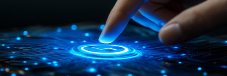 Finger Activating Digital Padlock on Glowing Blue Circuit Board Cybersecurity Conceptの素材