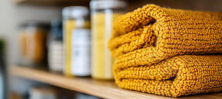 Yellow Knit Throw Blanket Close up of a textured knit throw blanket folded on wooden surface,の素材