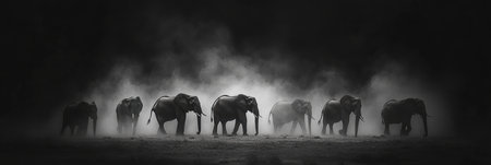 Elephant Herd, Night Walk, Dramatic Landscape. Silhouette of Elephants in Dust, Monochromeの素材