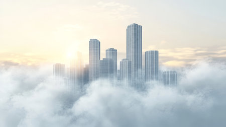 Modern Cityscape Minimalist Skyscrapers Reaching Above the Clouds, Monochromatic Gray Scaleの素材