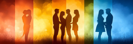 Silhouettes of Couples in Love Against a Vibrant Sunset Background Perfect Design Elementの素材