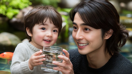 Happy Family, Healthy Hydration Father and Son Bonding Over a Refreshing Glass of Water Outdoorsの素材