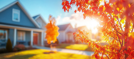 Suburban Neighborhood in Vibrant Autumn Colors with Fall Foliage, Warm Sunlight, Blurred Backgroundの素材