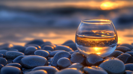Golden Hour Serenity Drink on a Pebble Beach Reflecting a Tranquil Sunset, Space for your Textの素材
