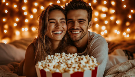 Cozy Couple Shares Laughter and Popcorn during Romantic Movie Night with Twinkling Lightsの素材