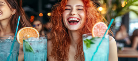 Joyful young woman with friends, enjoying refreshing blue cocktails at a vibrant brunch gathering.の素材
