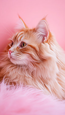 Fluffy Ginger Cat with Piercing Gaze, Posing on a Soft, Pink Background. Perfect for Pet Products.の素材