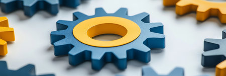 Blue And Yellow Gears On White , Manufacturing And Industry Or Teamwork Concept Backgroundの素材