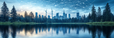 Smart City Skyline Merging With Nature Green Energy, Internet of Things, Sustainabilityの素材