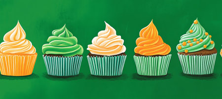 Festive Green, Orange, And White Cartoon Cupcake Illustration On Simple Clean Green Backgroundの素材
