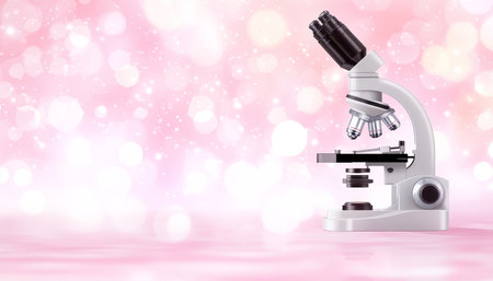 Scientific Breakthrough Concept White Microscope On Pink Background With Bokeh, Copyspaceの素材