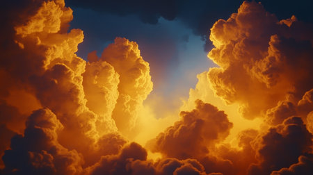 A Dramatic Sunset With Golden Twilight Clouds, Sunlight Through A Gap In Storm Clouds Background.の素材