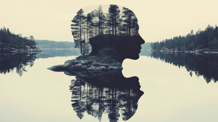 Serene Memories Senior Reflected In Water Merging With Peaceful Forest In Double Exposureの素材