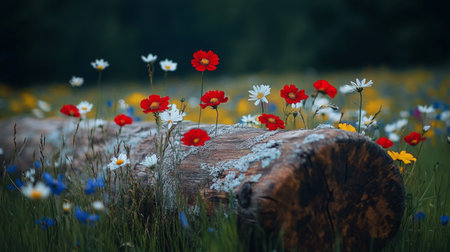 Wildflowers and Log in Meadow, Vibrant Wildflower Garden with Red, White and Yellow Flowersの素材