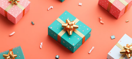 Festive Holiday Celebration Gift Boxes with Golden Bows on a Vibrant Coral Backgroundの素材