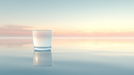 Glass of water with reflections on a reflective surface at sunset, minimalistic sceneの素材
