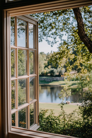 Idyllic Country Estate Serene Lake Landscape Viewed Through Open Window on Sunny Dayの素材