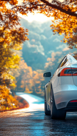 White Electric Car on Scenic Autumn Road, Soft Sunlight Streaming Through Trees, Copy Spaceの素材