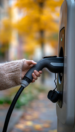 Woman charging electric vehicle, sustainable mobility, zero emission, Autumn colors.の素材