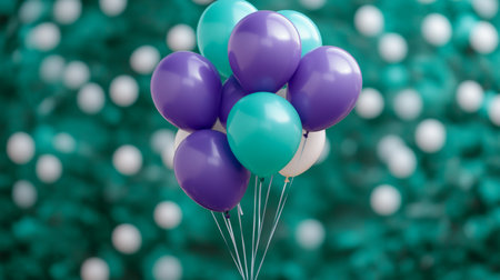 Bunch of Dark Green and Lavender Balloons on a Blurred Green Background, Celebration Concept.の素材