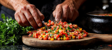 Chef chopping herbs for soup, colorful vegetarian Pakistani cuisine recipe for saladsの素材