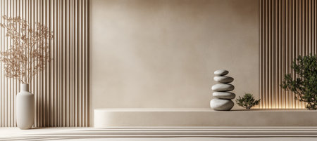 Serene Minimalist Interior Background, Zen Stone Stack. Ideal for Wellness, Spa, Relaxation Productsの素材