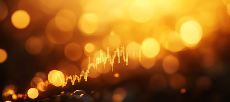 Abstract Glowing Golden Bokeh Background With Upward Stock Market Chart, Forex, Financeの素材