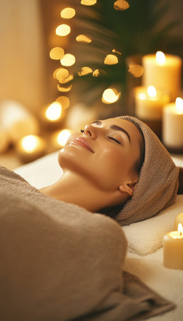 Beautiful Woman Enjoying a Relaxing Spa Facial Treatment, Surrounded by Candles and Essential Oilsの素材