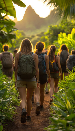 Group of Friends Exploring Lush Tropical Trail, Embracing Adventure in Scenic Paradiseの素材
